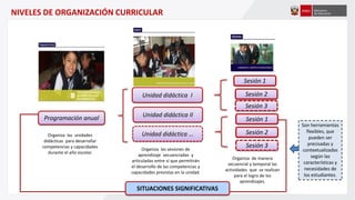 NIVELES DE ORGANIZACIÓN CURRICULAR
Organiza las unidades
didácticas para desarrollar
competencias y capacidades
durante el año escolar.
Organiza las sesiones de
aprendizaje secuenciadas y
articuladas entre sí que permitirán
el desarrollo de las competencias y
capacidades previstas en la unidad.
Unidad didáctica …
Unidad didáctica II
Unidad didáctica I
Son herramientas
flexibles, que
pueden ser
precisadas y
contextualizadas
según las
características y
necesidades de
los estudiantes.
SITUACIONES SIGNIFICATIVAS
Sesión 3
Organiza de manera
secuencial y temporal las
actividades que se realizan
para el logro de los
aprendizajes.
Sesión 2
Sesión 1
Sesión 3
Sesión 2
Sesión 1Programación anual
 