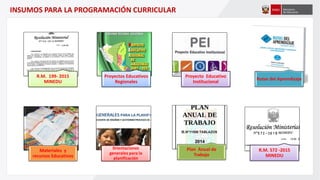 INSUMOS PARA LA PROGRAMACIÓN CURRICULAR
R.M. 199- 2015
MINEDU
Proyectos Educativos
Regionales
Proyecto Educativo
Institucional
Rutas del Aprendizaje
Materiales y
recursos Educativos
0rientaciones
generales para la
planificación
Plan Anual de
Trabajo
R.M. 572 -2015
MINEDU
 
