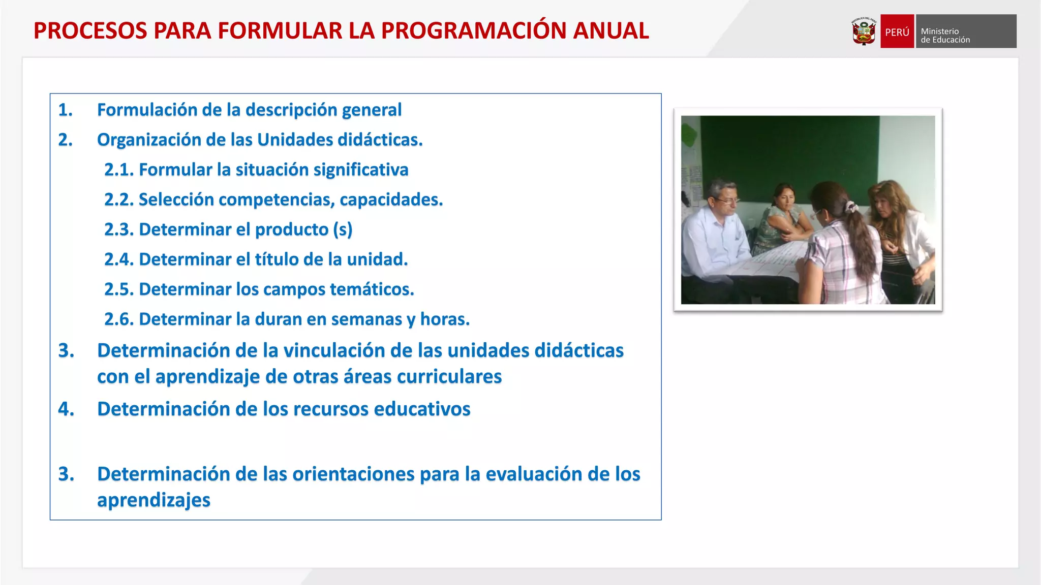 1. Formulación de la descripción general
2. Organización de las Unidades didácticas.
2.1. Formular la situación significativa
2.2. Selección competencias, capacidades.
2.3. Determinar el producto (s)
2.4. Determinar el título de la unidad.
2.5. Determinar los campos temáticos.
2.6. Determinar la duran en semanas y horas.
3. Determinación de la vinculación de las unidades didácticas
con el aprendizaje de otras áreas curriculares
4. Determinación de los recursos educativos
3. Determinación de las orientaciones para la evaluación de los
aprendizajes
PROCESOS PARA FORMULAR LA PROGRAMACIÓN ANUAL
 