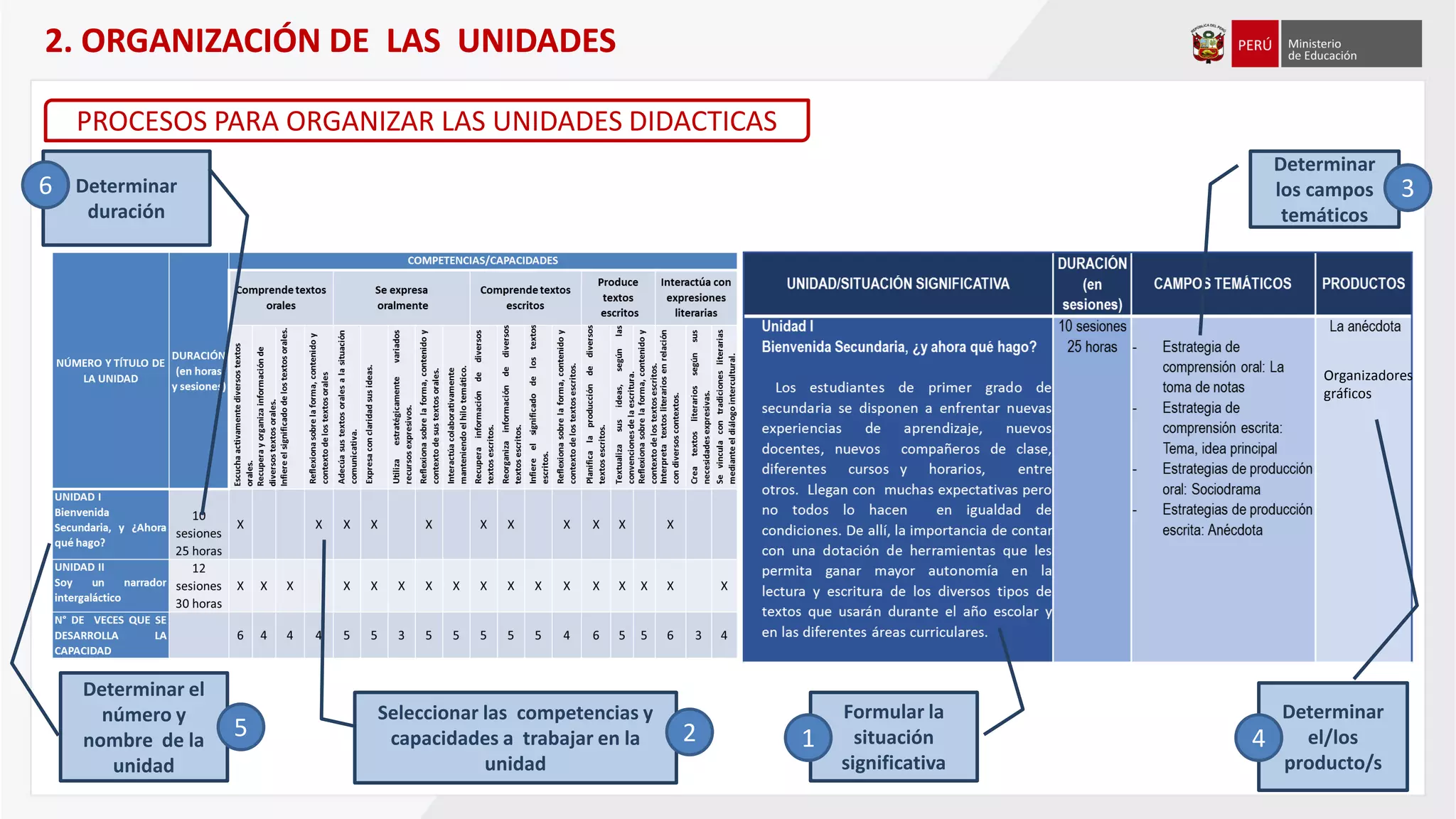 2. ORGANIZACIÓN DE LAS UNIDADES2. ORGANIZACIÓN DE LAS UNIDADES
Determinar
los campos
temáticos
Determinar
el/los
producto/s
Determinar el
número y
nombre de la
unidad
Formular la
situación
significativa
Seleccionar las competencias y
capacidades a trabajar en la
unidad
Determinar
duración
12 45
36
PROCESOS PARA ORGANIZAR LAS UNIDADES DIDACTICAS
Organizadores
gráficos
 
