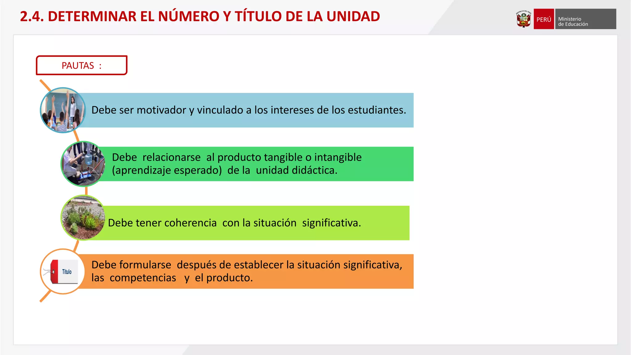 Debe ser motivador y vinculado a los intereses de los estudiantes.
Debe relacionarse al producto tangible o intangible
(aprendizaje esperado) de la unidad didáctica.
Debe tener coherencia con la situación significativa.
Debe formularse después de establecer la situación significativa,
las competencias y el producto.
2.4. DETERMINAR EL NÚMERO Y TÍTULO DE LA UNIDAD
PAUTAS :
 