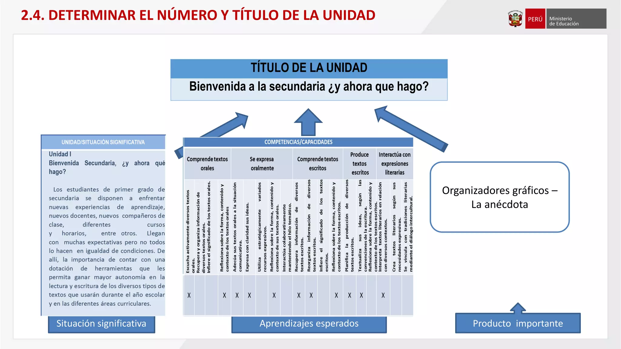 TÍTULO DE LA UNIDAD
Bienvenida a la secundaria ¿y ahora que hago?
Situación significativa Aprendizajes esperados Producto importante
2.4. DETERMINAR EL NÚMERO Y TÍTULO DE LA UNIDAD
Organizadores gráficos –
La anécdota
 
