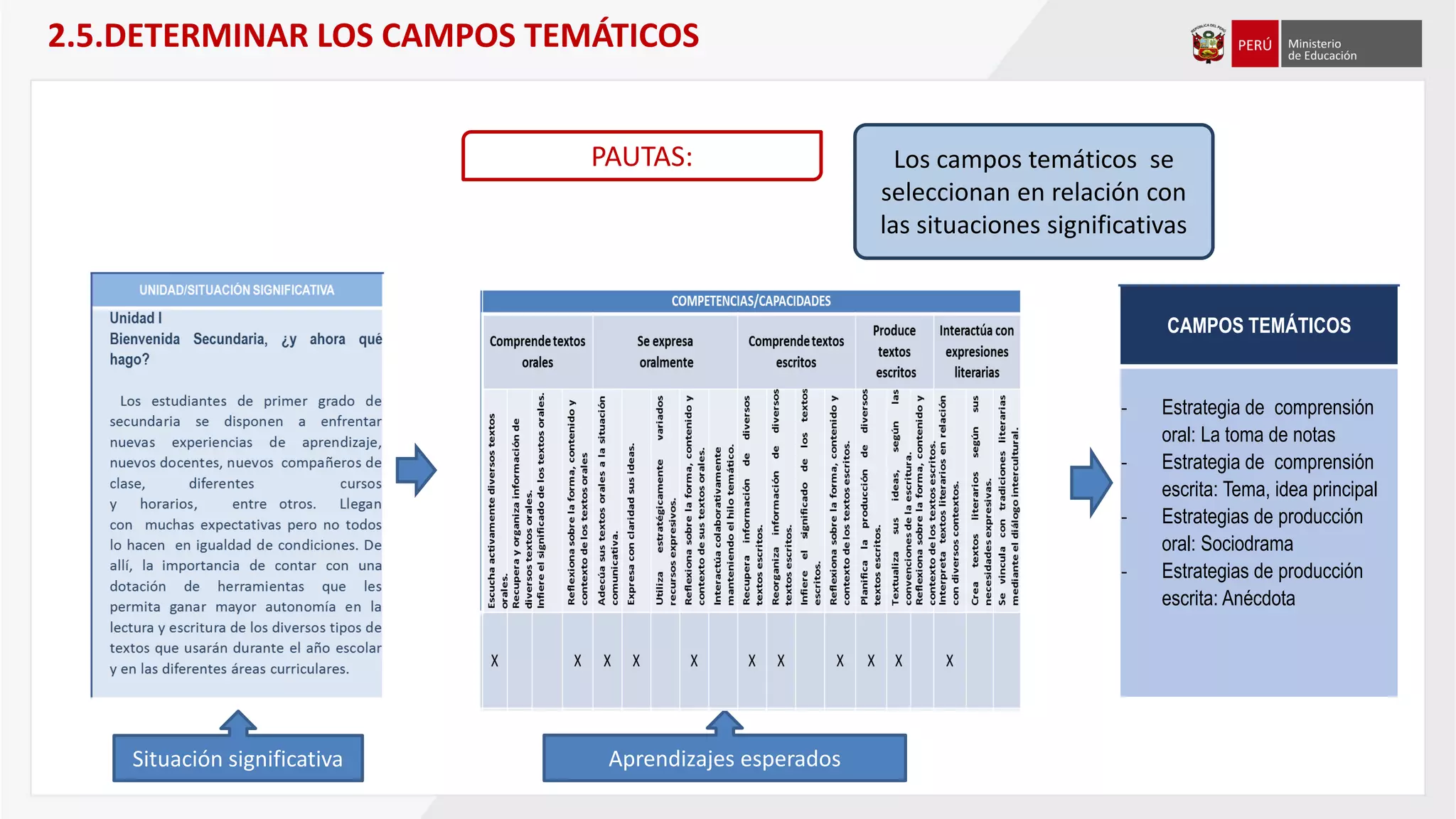 Los campos temáticos se
seleccionan en relación con
las situaciones significativas
2.5.DETERMINAR LOS CAMPOS TEMÁTICOS
PAUTAS:
Situación significativa Aprendizajes esperados
CAMPOS TEMÁTICOS
- Estrategia de comprensión
oral: La toma de notas
- Estrategia de comprensión
escrita: Tema, idea principal
- Estrategias de producción
oral: Sociodrama
- Estrategias de producción
escrita: Anécdota
 