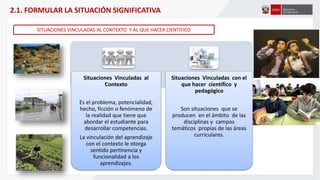 Situaciones Vinculadas al
Contexto
Es el problema, potencialidad,
hecho, ficción o fenómeno de
la realidad que tiene que
abordar el estudiante para
desarrollar competencias.
La vinculación del aprendizaje
con el contexto le otorga
sentido pertinencia y
funcionalidad a los
aprendizajes.
Situaciones Vinculadas con el
que hacer científico y
pedagógico
Son situaciones que se
producen en el ámbito de las
disciplinas y campos
temáticos propias de las áreas
curriculares.
SITUACIONES VINCULADAS AL CONTEXTO Y AL QUE HACER CIENTÍFICO
2.1. FORMULAR LA SITUACIÓN SIGNIFICATIVA
 