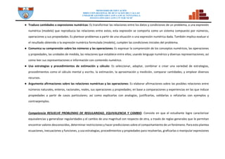 MINISTERIO DE EDUCACIÓN
DIRECCION REGIONAL DE DCUCACION DEL CALLAO
UNDAD DE GESTIÓN EDUCATIVA LOCAL VENTANILLA
INSTITUCIÓN EDUCATIVA N° 5128 “SCM”
● Traduce cantidades a expresiones numéricas: Es transformar las relaciones entre los datos y condiciones de un problema, a una expresión
numérica (modelo) que reproduzca las relaciones entre estos; esta expresión se comporta como un sistema compuesto por números,
operaciones y sus propiedades. Es plantear problemas a partir de una situación o una expresión numérica dada. También implica evaluar si
el resultado obtenido o la expresión numérica formulada (modelo), cumplen las condiciones iniciales del problema.
● Comunica su comprensión sobre los números y las operaciones: Es expresar la comprensión de los conceptos numéricos, las operaciones
y propiedades, las unidades de medida, las relaciones que establece entre ellos; usando lenguaje numérico y diversas representaciones; así
como leer sus representaciones e información con contenido numérico.
● Usa estrategias y procedimientos de estimación y cálculo: Es seleccionar, adaptar, combinar o crear una variedad de estrategias,
procedimientos como el cálculo mental y escrito, la estimación, la aproximación y medición, comparar cantidades; y emplear diversos
recursos.
● Argumenta afirmaciones sobre las relaciones numéricas y las operaciones: Es elaborar afirmaciones sobre las posibles relaciones entre
números naturales, enteros, racionales, reales, sus operaciones y propiedades; en base a comparaciones y experiencias en las que induce
propiedades a partir de casos particulares; así como explicarlas con analogías, justificarlas, validarlas o refutarlas con ejemplos y
contraejemplos.
Competencia RESUELVE PROBLEMAS DE REGULARIDAD, EQUIVALENCIA Y CAMBIO. Consiste en que el estudiante logre caracterizar
equivalencias y generalizar regularidades y el cambio de una magnitud con respecto de otra, a través de reglas generales que le permitan
encontrar valores desconocidos, determinar restricciones y hacer predicciones sobre el comportamiento de un fenómeno. Para esto plantea
ecuaciones, inecuaciones y funciones, y usa estrategias, procedimientos y propiedades para resolverlas, graficarlas o manipular expresiones
 