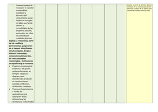 - Proponer modos de
reconocer el carácter
problemático,
inacabado y
dinámico del
conocimiento social.
- Posibilitar múltiples
miradas, aportando
saberes y
metodologías de las
disciplinas sociales,
poniendo a los niños
en contacto con
realidades diversas.
Explica su relevancia a partir
de los cambios y
permanencias que generan
en el tiempo, identificando
simultaneidades. Emplea
distintos referentes y
convenciones temporales,
así como conceptos
relacionados a instituciones
sociopolíticas y la economía.
 Propiciar situaciones de
enseñanza en que las
acciones humanas, en
tiempos y espacios
diversos, sean
consideradas producto
de construcciones
sociales cambiantes,
dinámicas y complejas.
 Promover la convivencia
a través del
reconocimiento y
valoración de las
diferencias y las
semejanzas en los modos
pasado, a partir de distintas fuentes
evaluadas en su contexto y perspectiva.
Reconoce la validez de las fuentes para
comprender variados puntos de vista.
 