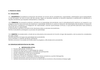 PERÚ Ministerio de Defensa Ejército del Perú Comando de Bienestar del Ejército –
JAE
X: PRODUCTO ANUAL:
XI.- EVALUACIÓN:
10.1. DIAGNÓSTICA: Se realizará la evaluación de entrada, en función de las competencias, capacidades y desempeños que se desarrollarán
a nivel del grado. Se toma al inicio del año escolar, según los resultados obtenidos el docente reajustará su planificación e identificará a
aquellos estudiantes que requieren reforzamiento o nivelación.
10.2. FORMATIVA: Se evaluará la práctica centrada en el aprendizaje del estudiante, para la retroalimentación oportuna con respecto a sus
progresos durante todo el proceso de enseñanza y aprendizaje; teniendo en cuenta la valoración del desempeño del estudiante, la resolución
de situaciones o problemas y la integración de capacidades, creando oportunidades continuas, lo que permitirá demostrar hasta dónde es
capaz de usar sus capacidades.
Es permanente y permite al docente tomar decisiones sobre sus procesos de enseñanza.
Permite al estudiante autorregular sus procesos de aprendizaje
10.3. SUMATIVA: Se evidenciarán a través de los instrumentos de evaluación en función al logro del propósito y de los productos considerados
en cada unidad
Permitirá identificar los logros de aprendizaje de los estudiantes
Se da al finalizar un periodo de tiempo (bimestral)
Permite comunicar a los padres de familia sobre los progresos y dificultades de los estudiantes.
XII: ESTRATEGIAS METODOLÓGICAS DEL ÁREA:
a. METODOLOGÍA ACTIVA
 Proceso Aprendizaje –Enseñanza
 Información eficaz para un aprendizaje de calidad
 Trabajos grupales de pequeñas cantidades de participantes
 Estudio colaborativo a nivel de los estudiantes
 Preguntas abiertas de respuestas cortas
 Provocar en el alumno curiosidad, ansiedad, tomar conciencia y suscitar interrogantes.
 Propiciar situaciones comunicativas en los estudiantes
 Generar situaciones para que el alumno se sienta bien en el entorno virtual donde se trabaja inglés.
 