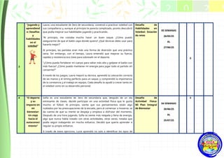 3
"Jugando y
aprendiend
o: Desafíos
y
habilidades
en el
voleibol"
Laura, una estudiante de 3ero de secundaria, comenzó a practicar voleibol con
sus compañeros y, aunque al principio le parecía complicado, pronto descubrió
que podía mejorar sus habilidades jugando y practicando.
"Al principio, me costaba mucho hacer un buen saque. ¿Cómo puedo
asegurarme de que el balón vaya donde quiero? ¿Qué técnicas debo usar para
hacerlo mejor?"
Al principio, las partidas eran más una forma de diversión que una práctica
seria. Sin embargo, con el tiempo, Laura entendió que mejorar su fuerza,
rapidez y resistencia era clave para sobresalir en el deporte.
"¿Cómo puedo fortalecer mi cuerpo para saltar más alto y golpear el balón con
más fuerza? ¿Cómo puedo mantener mi energía para jugar todo el partido sin
cansarme?"
A través de los juegos, Laura mejoró su técnica, aprendió la colocación correcta
de las manos y el timing perfecto para un saque, y comprendió la importancia
de la constancia y el trabajo en equipo. Cada desafío la ayudó a crecer tanto en
el voleibol como en su desarrollo personal.
Desafío de
Habilidades en
Voleibol: Estación
de retos
05 SEMANAS
26/05/25
AL
27/06/25
X
4 "El deporte
y su
impacto en
mi
bienestar:
Un viaje
hacia el
autoconoci
miento"
Sofía es una estudiante de 3ero de secundaria que, después de un día
estresante de clases, decide participar en una actividad física que le gusta
mucho: el fútbol. Al principio, siente que sus pensamientos están algo
nublados por las preocupaciones de la escuela, pero al comenzar a moverse, se
da cuenta de que su mente se despeja y empieza a disfrutar del momento.
Después de una hora jugando, Sofía se siente más relajada y llena de energía,
algo que nunca había notado con otras actividades, otras veces, notaba que
podía seguir trabajando sin mucho esfuerzo. Decidió que quería aprender a
regular su propio esfuerzo.
A través de estos ejercicios, Lucía aprendió no solo a identificar los tipos de
Desafío de
Actividad Física:
Mi Plan Integral
de Bienestar
04 SEMANAS
30/06/25
AL
25/07/25
X
2 0 2 5
2025
 