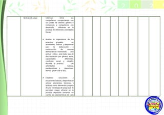 tácticas de juego intereses entre sus
compañeros, compartiendo con
sus pares de distinto género e
incluyendo a compañeros con
desarrollo diferente en la
práctica de diferentes actividades
físicas.
✔ Analiza la importancia de los
acuerdos grupales en
actividades lúdicas y deportivas
para la elaboración y
construcción de normas
democráticas mostrando una
actitud crítica ante todo tipo de
discriminación por género, etnia,
capacidades diferentes,
condición social y religión,
durante la práctica de
actividades lúdicas,
predeportivas y deportivas,
dentro y fuera de la IIEE.
✔ Establece soluciones a
situaciones lúdicas y deportivas al
utilizar elementos técnicos y
tácticos como elementos propios
de una estrategia de juego que le
permiten mayor eficacia en la
práctica deportiva tomando en
cuenta las características de cada
2 0 2 5
2025
 