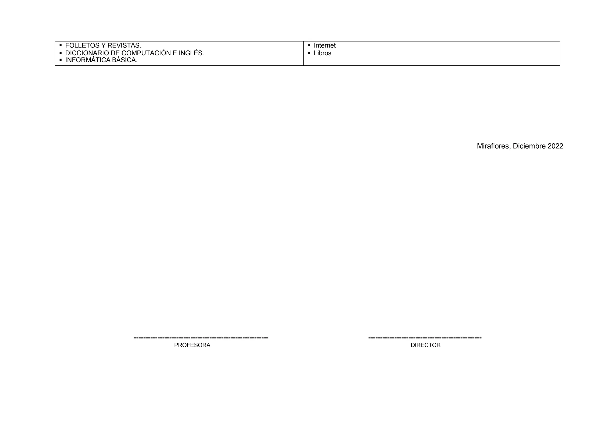  FOLLETOS Y REVISTAS.
 DICCIONARIO DE COMPUTACIÓN E INGLÉS.
 INFORMÁTICA BÁSICA.
 Internet
 Libros
Miraflores, Diciembre 2022
--------------------------------------------------------- ------------------------------------------------
PROFESORA DIRECTOR
 