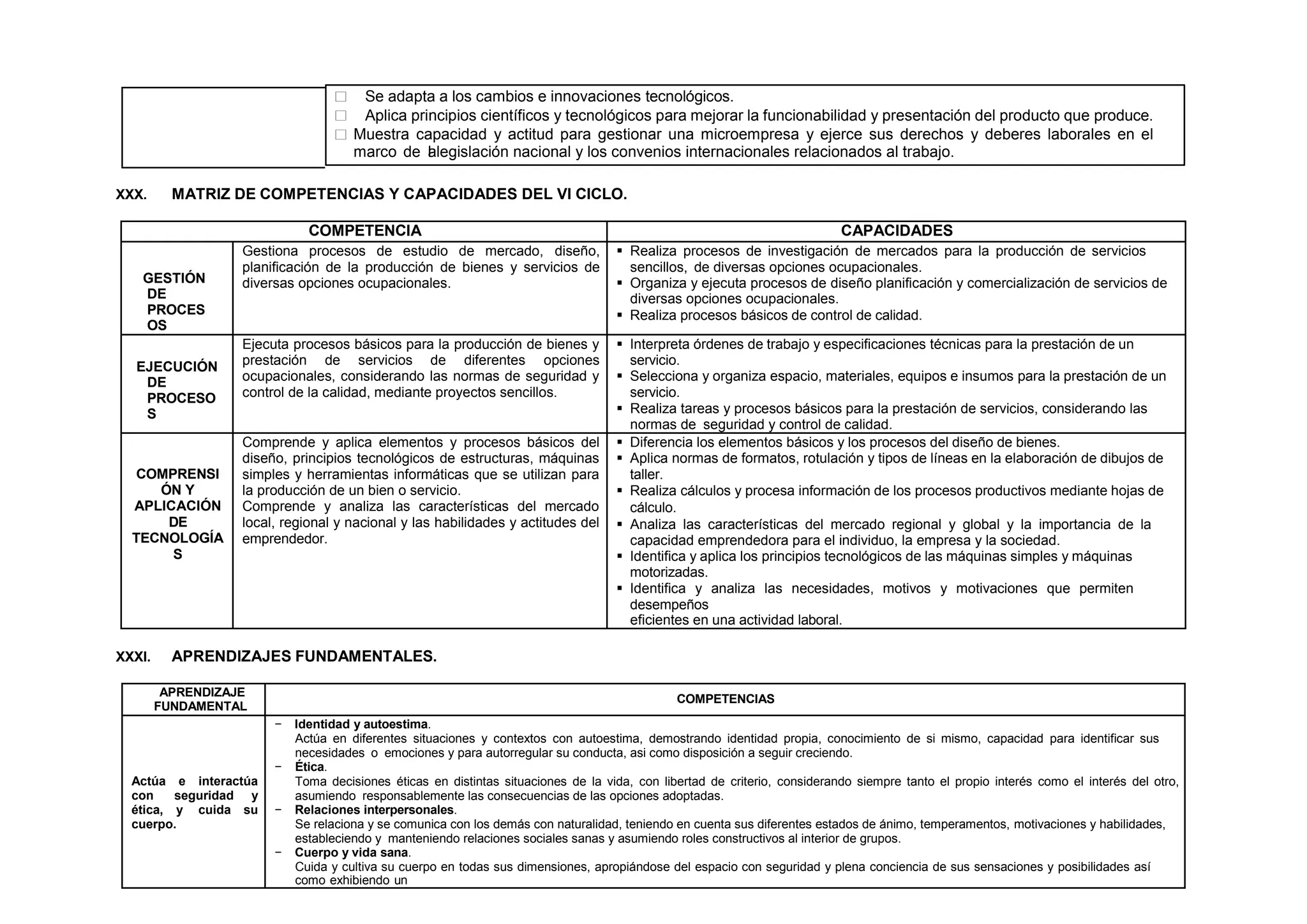 XXX. MATRIZ DE COMPETENCIAS Y CAPACIDADES DEL VI CICLO.
COMPETENCIA CAPACIDADES
GESTIÓN
DE
PROCES
OS
Gestiona procesos de estudio de mercado, diseño,
planificación de la producción de bienes y servicios de
diversas opciones ocupacionales.
 Realiza procesos de investigación de mercados para la producción de servicios
sencillos, de diversas opciones ocupacionales.
 Organiza y ejecuta procesos de diseño planificación y comercialización de servicios de
diversas opciones ocupacionales.
 Realiza procesos básicos de control de calidad.
EJECUCIÓN
DE
PROCESO
S
Ejecuta procesos básicos para la producción de bienes y
prestación de servicios de diferentes opciones
ocupacionales, considerando las normas de seguridad y
control de la calidad, mediante proyectos sencillos.
 Interpreta órdenes de trabajo y especificaciones técnicas para la prestación de un
servicio.
 Selecciona y organiza espacio, materiales, equipos e insumos para la prestación de un
servicio.
 Realiza tareas y procesos básicos para la prestación de servicios, considerando las
normas de seguridad y control de calidad.
COMPRENSI
ÓN Y
APLICACIÓN
DE
TECNOLOGÍA
S
Comprende y aplica elementos y procesos básicos del
diseño, principios tecnológicos de estructuras, máquinas
simples y herramientas informáticas que se utilizan para
la producción de un bien o servicio.
Comprende y analiza las características del mercado
local, regional y nacional y las habilidades y actitudes del
emprendedor.
 Diferencia los elementos básicos y los procesos del diseño de bienes.
 Aplica normas de formatos, rotulación y tipos de líneas en la elaboración de dibujos de
taller.
 Realiza cálculos y procesa información de los procesos productivos mediante hojas de
cálculo.
 Analiza las características del mercado regional y global y la importancia de la
capacidad emprendedora para el individuo, la empresa y la sociedad.
 Identifica y aplica los principios tecnológicos de las máquinas simples y máquinas
motorizadas.
 Identifica y analiza las necesidades, motivos y motivaciones que permiten
desempeños
eficientes en una actividad laboral.
XXXI. APRENDIZAJES FUNDAMENTALES.
APRENDIZAJE
FUNDAMENTAL
COMPETENCIAS
Actúa e interactúa
con seguridad y
ética, y cuida su
cuerpo.
− Identidad y autoestima.
Actúa en diferentes situaciones y contextos con autoestima, demostrando identidad propia, conocimiento de si mismo, capacidad para identificar sus
necesidades o emociones y para autorregular su conducta, asi como disposición a seguir creciendo.
− Ética.
Toma decisiones éticas en distintas situaciones de la vida, con libertad de criterio, considerando siempre tanto el propio interés como el interés del otro,
asumiendo responsablemente las consecuencias de las opciones adoptadas.
− Relaciones interpersonales.
Se relaciona y se comunica con los demás con naturalidad, teniendo en cuenta sus diferentes estados de ánimo, temperamentos, motivaciones y habilidades,
estableciendo y manteniendo relaciones sociales sanas y asumiendo roles constructivos al interior de grupos.
− Cuerpo y vida sana.
Cuida y cultiva su cuerpo en todas sus dimensiones, apropiándose del espacio con seguridad y plena conciencia de sus sensaciones y posibilidades así
como exhibiendo un
 Se adapta a los cambios e innovaciones tecnológicos.
 Aplica principios científicos y tecnológicos para mejorar la funcionabilidad y presentación del producto que produce.
 Muestra capacidad y actitud para gestionar una microempresa y ejerce sus derechos y deberes laborales en el
marco de l
alegislación nacional y los convenios internacionales relacionados al trabajo.
 