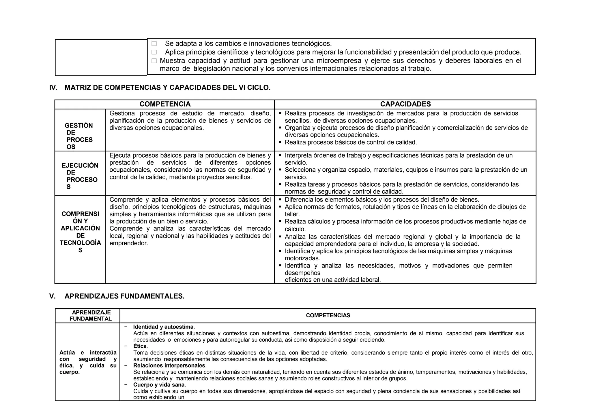 IV. MATRIZ DE COMPETENCIAS Y CAPACIDADES DEL VI CICLO.
COMPETENCIA CAPACIDADES
GESTIÓN
DE
PROCES
OS
Gestiona procesos de estudio de mercado, diseño,
planificación de la producción de bienes y servicios de
diversas opciones ocupacionales.
 Realiza procesos de investigación de mercados para la producción de servicios
sencillos, de diversas opciones ocupacionales.
 Organiza y ejecuta procesos de diseño planificación y comercialización de servicios de
diversas opciones ocupacionales.
 Realiza procesos básicos de control de calidad.
EJECUCIÓN
DE
PROCESO
S
Ejecuta procesos básicos para la producción de bienes y
prestación de servicios de diferentes opciones
ocupacionales, considerando las normas de seguridad y
control de la calidad, mediante proyectos sencillos.
 Interpreta órdenes de trabajo y especificaciones técnicas para la prestación de un
servicio.
 Selecciona y organiza espacio, materiales, equipos e insumos para la prestación de un
servicio.
 Realiza tareas y procesos básicos para la prestación de servicios, considerando las
normas de seguridad y control de calidad.
COMPRENSI
ÓN Y
APLICACIÓN
DE
TECNOLOGÍA
S
Comprende y aplica elementos y procesos básicos del
diseño, principios tecnológicos de estructuras, máquinas
simples y herramientas informáticas que se utilizan para
la producción de un bien o servicio.
Comprende y analiza las características del mercado
local, regional y nacional y las habilidades y actitudes del
emprendedor.
 Diferencia los elementos básicos y los procesos del diseño de bienes.
 Aplica normas de formatos, rotulación y tipos de líneas en la elaboración de dibujos de
taller.
 Realiza cálculos y procesa información de los procesos productivos mediante hojas de
cálculo.
 Analiza las características del mercado regional y global y la importancia de la
capacidad emprendedora para el individuo, la empresa y la sociedad.
 Identifica y aplica los principios tecnológicos de las máquinas simples y máquinas
motorizadas.
 Identifica y analiza las necesidades, motivos y motivaciones que permiten
desempeños
eficientes en una actividad laboral.
V. APRENDIZAJES FUNDAMENTALES.
APRENDIZAJE
FUNDAMENTAL
COMPETENCIAS
Actúa e interactúa
con seguridad y
ética, y cuida su
cuerpo.
− Identidad y autoestima.
Actúa en diferentes situaciones y contextos con autoestima, demostrando identidad propia, conocimiento de si mismo, capacidad para identificar sus
necesidades o emociones y para autorregular su conducta, asi como disposición a seguir creciendo.
− Ética.
Toma decisiones éticas en distintas situaciones de la vida, con libertad de criterio, considerando siempre tanto el propio interés como el interés del otro,
asumiendo responsablemente las consecuencias de las opciones adoptadas.
− Relaciones interpersonales.
Se relaciona y se comunica con los demás con naturalidad, teniendo en cuenta sus diferentes estados de ánimo, temperamentos, motivaciones y habilidades,
estableciendo y manteniendo relaciones sociales sanas y asumiendo roles constructivos al interior de grupos.
− Cuerpo y vida sana.
Cuida y cultiva su cuerpo en todas sus dimensiones, apropiándose del espacio con seguridad y plena conciencia de sus sensaciones y posibilidades así
como exhibiendo un
 Se adapta a los cambios e innovaciones tecnológicos.
 Aplica principios científicos y tecnológicos para mejorar la funcionabilidad y presentación del producto que produce.
 Muestra capacidad y actitud para gestionar una microempresa y ejerce sus derechos y deberes laborales en el
marco de l
alegislación nacional y los convenios internacionales relacionados al trabajo.
 