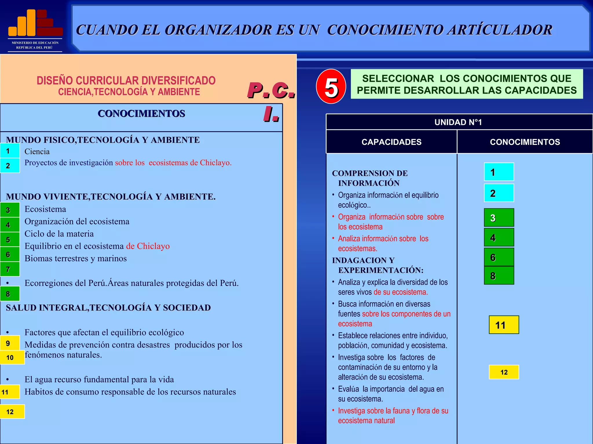 P.C. I . DISEÑO CURRICULAR DIVERSIFICADO CIENCIA,TECNOLOGÍA Y AMBIENTE 5 21 22 21 22 1 2 3 4 6 SELECCIONAR  LOS CONOCIMIENTOS   QUE PERMITE DESARROLLAR LAS CAPACIDADES 5 CUANDO EL ORGANIZADOR ES UN  CONOCIMIENTO ARTÍCULADOR   4 3 2 1 8 7 6 10 9 11 12 11 12 8 CONOCIMIENTOS MUNDO FISICO,TECNOLOGÍA Y AMBIENTE Ciencia  Proyectos de investigación  sobre los  ecosistemas de Chiclayo. MUNDO VIVIENTE,TECNOLOGÍA Y AMBIENTE. Ecosistema Organización del ecosistema Ciclo de la materia  Equilibrio en el ecosistema  de Chiclayo Biomas terrestres y marinos Ecorregiones del Perú.Áreas naturales protegidas del Perú. SALUD INTEGRAL,TECNOLOGÍA Y SOCIEDAD Factores que afectan el equilibrio ecológico Medidas de prevención contra desastres  producidos por los fenómenos naturales. El agua recurso fundamental para la vida Habitos de consumo responsable de los recursos naturales UNIDAD N°1  CAPACIDADES CONOCIMIENTOS COMPRENSION DE INFORMACIÓN Organiza informaci ó n el equilibrio ecol ó gico.. Organiza  informaci ó n sobre  sobre los ecosistema Analiza informaci ó n sobre  los ecosistemas. INDAGACION Y EXPERIMENTACIÓN: Analiza y explica la diversidad de los seres vivos  de su ecosistema. Busca informaci ó n en diversas fuentes  sobre los componentes de un ecosistema Establece relaciones entre individuo, poblaci ó n, comunidad y ecosistema. Investiga sobre  los  factores  de contaminaci ó n de su entorno y la alteraci ó n de su ecosistema. Eval ú a  la importancia  del agua en su ecosistema. Investiga sobre la fauna y flora de su ecosistema natural 