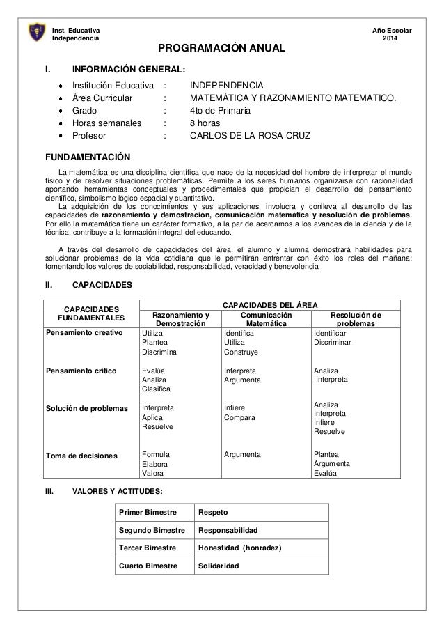 Programación anual matematica y raz mat 4to grado Programación anual matematica y raz mat 4to grado