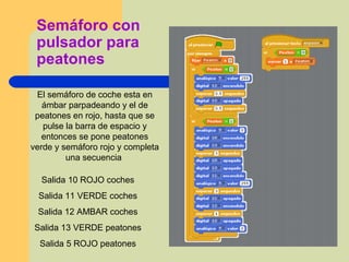 Semáforo con
pulsador para
peatones
El semáforo de coche esta en
ámbar parpadeando y el de
peatones en rojo, hasta que se
pulse la barra de espacio y
entonces se pone peatones
verde y semáforo rojo y completa
una secuencia
Salida 10 ROJO coches
Salida 11 VERDE coches
Salida 12 AMBAR coches
Salida 13 VERDE peatones
Salida 5 ROJO peatones
 