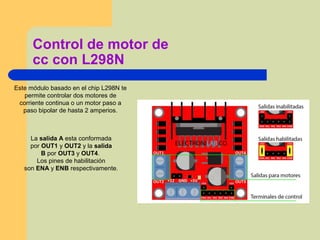 Control de motor de
cc con L298N
Este módulo basado en el chip L298N te
permite controlar dos motores de
corriente continua o un motor paso a
paso bipolar de hasta 2 amperios.
La salida A esta conformada
por OUT1 y OUT2 y la salida
B por OUT3 y OUT4.
Los pines de habilitación
son ENA y ENB respectivamente.
 
