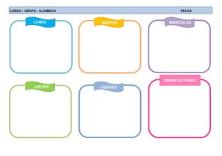 CURSO – GRUPO - ALUMNO/A FECHA
LUNES MARTES MIÉRCOLES
JUEVES VIERNES
OBSERVACIONES
 