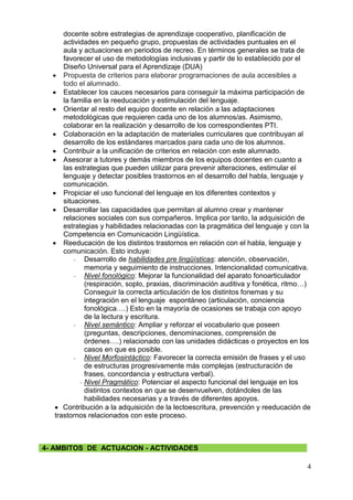 4
docente sobre estrategias de aprendizaje cooperativo, planificación de
actividades en pequeño grupo, propuestas de actividades puntuales en el
aula y actuaciones en periodos de recreo. En términos generales se trata de
favorecer el uso de metodologías inclusivas y partir de lo establecido por el
Diseño Universal para el Aprendizaje (DUA)
 Propuesta de criterios para elaborar programaciones de aula accesibles a
todo el alumnado.
 Establecer los cauces necesarios para conseguir la máxima participación de
la familia en la reeducación y estimulación del lenguaje.
 Orientar al resto del equipo docente en relación a las adaptaciones
metodológicas que requieren cada uno de los alumnos/as. Asimismo,
colaborar en la realización y desarrollo de los correspondientes PTI.
 Colaboración en la adaptación de materiales curriculares que contribuyan al
desarrollo de los estándares marcados para cada uno de los alumnos.
 Contribuir a la unificación de criterios en relación con este alumnado.
 Asesorar a tutores y demás miembros de los equipos docentes en cuanto a
las estrategias que pueden utilizar para prevenir alteraciones, estimular el
lenguaje y detectar posibles trastornos en el desarrollo del habla, lenguaje y
comunicación.
 Propiciar el uso funcional del lenguaje en los diferentes contextos y
situaciones.
 Desarrollar las capacidades que permitan al alumno crear y mantener
relaciones sociales con sus compañeros. Implica por tanto, la adquisición de
estrategias y habilidades relacionadas con la pragmática del lenguaje y con la
Competencia en Comunicación Lingüística.
 Reeducación de los distintos trastornos en relación con el habla, lenguaje y
comunicación. Esto incluye:
- Desarrollo de habilidades pre lingüísticas: atención, observación,
memoria y seguimiento de instrucciones. Intencionalidad comunicativa.
- Nivel fonológico: Mejorar la funcionalidad del aparato fonoarticulador
(respiración, soplo, praxias, discriminación auditiva y fonética, ritmo…)
Conseguir la correcta articulación de los distintos fonemas y su
integración en el lenguaje espontáneo (articulación, conciencia
fonológica….) Esto en la mayoría de ocasiones se trabaja con apoyo
de la lectura y escritura.
- Nivel semántico: Ampliar y reforzar el vocabulario que poseen
(preguntas, descripciones, denominaciones, comprensión de
órdenes….) relacionado con las unidades didácticas o proyectos en los
casos en que es posible.
- Nivel Morfosintáctico: Favorecer la correcta emisión de frases y el uso
de estructuras progresivamente más complejas (estructuración de
frases, concordancia y estructura verbal).
- Nivel Pragmático: Potenciar el aspecto funcional del lenguaje en los
distintos contextos en que se desenvuelven, dotándoles de las
habilidades necesarias y a través de diferentes apoyos.
 Contribución a la adquisición de la lectoescritura, prevención y reeducación de
trastornos relacionados con este proceso.
4- AMBITOS DE ACTUACION - ACTIVIDADES
 