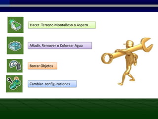 Hacer Terreno Montañoso o Aspero




Añadir, Remover o Colorear Agua




Borrar Objetos



Cambiar configuraciones
 