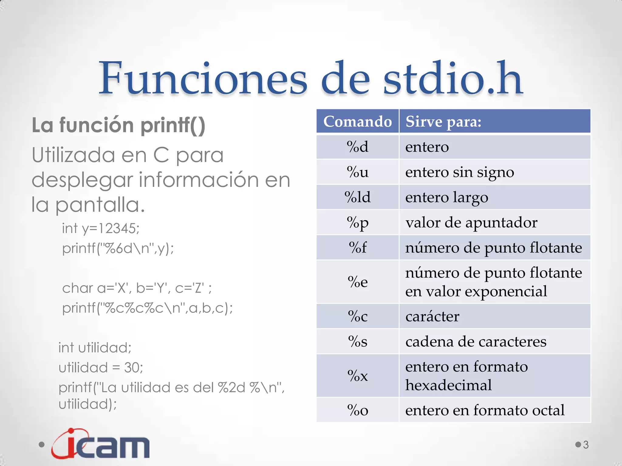 Funciones de stdio.h
La función printf()                      Comando Sirve para:
                                           %d     entero
Utilizada en C para
                                           %u     entero sin signo
desplegar información en
                                           %ld    entero largo
la pantalla.
  int y=12345;                             %p     valor de apuntador
  printf("%6dn",y);                        %f    número de punto flotante
                                                  número de punto flotante
  char a='X', b='Y', c='Z' ;               %e
                                                  en valor exponencial
  printf("%c%c%cn",a,b,c);
                                           %c     carácter

  int utilidad;                            %s     cadena de caracteres
  utilidad = 30;                                  entero en formato
                                           %x
  printf("La utilidad es del %2d %n",            hexadecimal
  utilidad);                               %o     entero en formato octal

                                                                             3
 