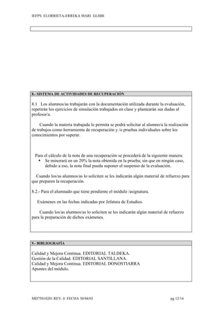IEFPS ELORRIETA-ERREKA MARI GLHBI




8.- SISTEMA DE ACTIVIDADES DE RECUPERACIÓN

8.1 Los alumnos/as trabajarán con la documentación utilizada durante la evaluación,
repetirán los ejercicios de simulación trabajados en clase y plantearán sus dudas al
profesor/a.

     Cuando la materia trabajada lo permita se podrá solicitar al alumno/a la realización
de trabajos como herramienta de recuperación y /o pruebas individuales sobre los
conocimientos por superar.



 Para el cálculo de la nota de una recuperación se procederá de la siguiente manera:
   Se minorará en un 20% la nota obtenida en la prueba; sin que en ningún caso,
      debido a eso, la nota final pueda suponer el suspenso de la evaluación.

  Cuando los/as alumnos/as lo soliciten se les indicarán algún material de refuerzo para
que preparen la recuperación.

8.2.- Para el alumnado que tiene pendiente el módulo /asignatura.

   Exámenes en las fechas indicadas por Jefatura de Estudios.

    Cuando los/as alumnos/as lo soliciten se les indicarán algún material de refuerzo
para la preparación de dichos exámenes.




9.- BIBLIOGRAFÍA

Calidad y Mejora Continua. EDITORIAL TALDEKA.
Gestión de la Calidad. EDITORIAL SANTILLANA.
Calidad y Mejora Continua. EDITORIAL DONOSTIARRA
Apuntes del módulo.




MD75010201 REV. 0 FECHA 30/04/03                                              pg 12/16
 