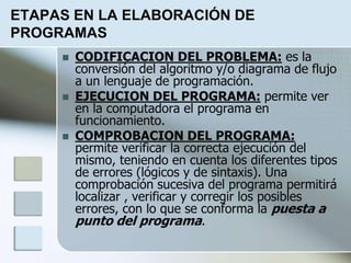 ETAPAS EN LA ELABORACIÓN DE
PROGRAMAS
 CODIFICACION DEL PROBLEMA: es la
conversión del algoritmo y/o diagrama de flujo
a un lenguaje de programación.
 EJECUCION DEL PROGRAMA: permite ver
en la computadora el programa en
funcionamiento.
 COMPROBACION DEL PROGRAMA:
permite verificar la correcta ejecución del
mismo, teniendo en cuenta los diferentes tipos
de errores (lógicos y de sintaxis). Una
comprobación sucesiva del programa permitirá
localizar , verificar y corregir los posibles
errores, con lo que se conforma la puesta a
punto del programa.
 