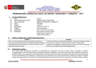 MINISTERIO DE EDUCACION
DIRECCION REGIONAL CUSCO
UNIDAD DE GESTION EDUCATIVA LOCAL CANCHIS
INSTITUCION EDUCATIVA “INMACULADA CONCEPCION”
AREA: CIENCIA TECNOLOGIA Y AMBIENTE
1
CUARTO GRADO ASESORIA CTA 2017
PROGRAMACIÓN CURRICULAR ANUAL DE CIENCIA TECNOLOGIA Y AMBIENTE – 2017
I. DATOS INFORMATIVOS
1.1. UGEL : Canchis
1.2. INSTITUCION EDUCATIVA : INMACUALADA CONCEPCIÓN
1.3. AREA CURICULAR : CIENCIA TECNOLOGÍA Y AMBIENTE
1.4. CICLO : SEPTIMO
1.5. GRADO : CUARTO
1.6. SECCIONES : A-B-C-D-E-F-G-H-I-J
1.7. TIEMPO : 5 horas semanales
1.8. DURACIÓN : Inicio 13-03-17 fin 24-12-2017
1.9. DOCENTES : Patricia Roxana Paredes Centeno
Blondy Jessica Huaman Tairo
Norma Velarde Huanaco
II. VISION Y MISION DE LA INSTITUCION EDUCATIVA.
VISION MISION
Ser una institución educativa líder en paradigmas educativos de
ciencia y humanidades orientado a satisfacer las grandes demandas y
necesidades de formación integral con calidad y excelencia para el
desarrollo regional y nacional.
La Institución Educativa “Inmaculada Concepción” forma seres humanaos basados
en principios de democracia social e innovación científica desarrollando
conocimientos, capacidades, competencias y actitudes que fortalezcan la persona,
la familia y la sociedad de conocimientos globalizados.
III. DESCRIPCIÓN GENERAL.
En el cuarto grado de educación secundaria se desarrollarán las competencias del área curricular Ciencia, Tecnología y Ambiente
correspondientes al ciclo VII. Se espera que el estudiante fundamente y compruebe los principios y leyes que rigen el desarrollo de la vida, en
el aspecto biológico, que comprenda a la diversidad biológica como una riqueza de las naciones y su estudio como una forma de uso sostenible de
los recursos para beneficio de la población, en aspectos como (la conservación de la salud, desarrollo físico, intelectual y económico.) También
se espera que logre argumentar, partiendo de los niveles más simples de la organización de la materia, pasando por los niveles celulares, tisulares,
 