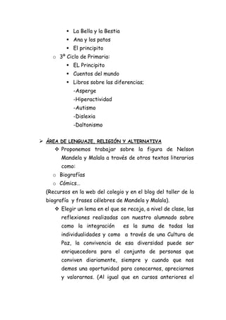  La Bella y la Bestia
 Ana y los patos
 El principito
o 3º Ciclo de Primaria:
 EL Principito
 Cuentos del mundo
 Libros sobre las diferencias;
-Asperge
-Hiperactividad
-Autismo
-Dislexia
-Daltonismo
 ÁREA DE LENGUAJE, RELIGIÓN Y ALTERNATIVA
 Proponemos trabajar sobre la figura de Nelson
Mandela y Malala a través de otros textos literarios
como:
o Biografías
o Cómics…
(Recursos en la web del colegio y en el blog del taller de la
biografía y frases célebres de Mandela y Malala).
 Elegir un lema en el que se recoja, a nivel de clase, las
reflexiones realizadas con nuestro alumnado sobre
como la integración

es la suma de todas las

individualidades y como a través de una Cultura de
Paz, la convivencia de esa diversidad puede ser
enriquecedora para el conjunto de personas que
conviven diariamente, siempre y cuando que nos
demos una oportunidad para conocernos, apreciarnos
y valorarnos. (Al igual que en cursos anteriores el

 