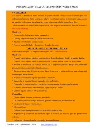 PROGRAMACIÓN DE AULA. EDUCACIÓN INFANTIL 5 AÑOS
MARÍA SILVERIA GARCÍA FERNÁNDEZ www.tumeaprendes.com
4.4. TALLERES
Los talleres se diferencian de los rincones en que los rincones son actividades diferentes para cada
niño durante la misma franja horaria, los talleres consisten en realizar la misma actividad por parte
de los niños en la misma franja horaria y en los mismos suele haber un producto final.
Estos talleres se irán modificando en función de cada proyecto y tendrán una duración de entre 45
minutos y una hora.
Objetivos:
* Fomentar el trabajo y la actividad cooperativa.
* Cuidar y responsabilizarse del material que utilizan.
* Realizar correctamente las actividades.
* Conocer las posibilidades y limitaciones de cada niño-niña.
TALLER DE ARTE Y EXPRESION PLÁSTICA.
Este taller se trabajará a lo largo de todo el curso con 1 sesión semanal.
Objetivos:
* Producir elaboraciones plásticas como medio de desarrollar la movilidad y la presión dactilar.
* Producir elaboraciones plásticas como medio de expresar hechos, vivencias, sensaciones.
* Utilizar y desarrollar las técnicas básicas de la expresión plástica: dibujo libre, modelado,
picado, recortado, estampado, plegado, cosido...
* Recuperar materiales del entorno como forma de mejorar el medio ambiente para así descubrir
sus múltiples posibilidades
* Inventar nuevas formas a partir de distintos materiales.
* Desarrollar la imaginación con materiales poco elaborados.
* Desarrollar el gusto e interés por las producciones propias y el respeto por las ajenas.
* Aprender a amar el arte come medio de expresión propia y ajena.
* Conocer algunas obras de arte y sus autores.
Contenidos:
* Formas, líneas, tamaños, volúmenes, superficies.
* Las técnicas plásticas: dibujo, modelado, pintura, composición, estampación, etc
* Los colores primarios y secundarios.
* Obra pictóricas.
* Elaboración de obras plásticas con técnicas adecuadas a su edad.
* Exploración y utilización de materiales aptos a su nivel de madurez para las producciones
artísticas.
* Utilización y desarrollo de las principales técnicas plásticas.
 