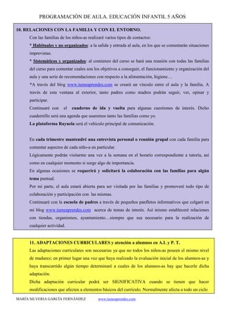 PROGRAMACIÓN DE AULA. EDUCACIÓN INFANTIL 5 AÑOS
MARÍA SILVERIA GARCÍA FERNÁNDEZ www.tumeaprendes.com
10. RELACIONES CON LA FAMILIA Y CON EL ENTORNO.
Con las familias de los niños-as realizaré varios tipos de contactos:
* Habituales y no organizados: a la salida y entrada al aula, en los que se comentarán situaciones
imprevistas.
* Sistemáticos y organizados: al comienzo del curso se hará una reunión con todas las familias
del curso para comentar cuales son los objetivos a conseguir, el funcionamiento y organización del
aula y una serie de recomendaciones con respecto a la alimentación, higiene…
*A través del blog www.tumeaprendes.com se creará un vínculo entre el aula y la familia. A
través de esta ventana al exterior, tanto padres como madres podrán seguir, ver, opinar y
participar.
Continuaré con el cuaderno de ida y vuelta para algunas cuestiones de interés. Dicho
cuadernillo será una agenda que usaremos tanto las familias como yo.
La plataforma Rayuela será el vehículo principal de comunicación.
En cada trimestre mantendré una entrevista personal o reunión grupal con cada familia para
comentar aspectos de cada niño-a en particular.
Lógicamente podrán visitarme una vez a la semana en el horario correspondiente a tutoría, así
como en cualquier momento si surge algo de importancia.
En algunas ocasiones se requerirá y solicitará la colaboración con las familias para algún
tema puntual.
Por mi parte, el aula estará abierta para ser visitada por las familias y promoveré todo tipo de
colaboración y participación con las mismas.
Continuaré con la escuela de padres a través de pequeños panfletos informativos que colgaré en
mi blog www.tumeaprendes.com acerca de temas de interés. Así mismo estableceré relaciones
con tiendas, organismos, ayuntamiento…siempre que sea necesario para la realización de
cualquier actividad.
11. ADAPTACIONES CURRICULARES y atención a alumnos en A.L y P. T.
Las adaptaciones curriculares son necesarias ya que no todos los niños-as poseen el mismo nivel
de madurez; en primer lugar una vez que haya realizado la evaluación inicial de los alumnos-as y
haya transcurrido algún tiempo determinaré a cuales de los alumnos-as hay que hacerle dicha
adaptación.
Dicha adaptación curricular podrá ser SIGNIFICATIVA cuando se tienen que hacer
modificaciones que afecten a elementos básicos del currículo. Normalmente afecta a todo un ciclo
 