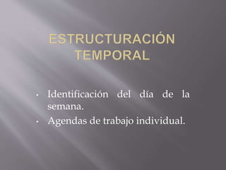 • Identificación del día de la 
semana. 
• Agendas de trabajo individual. 
 