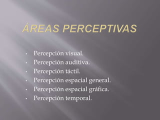 • Percepción visual. 
• Percepción auditiva. 
• Percepción táctil. 
• Percepción espacial general. 
• Percepción espacial gráfica. 
• Percepción temporal. 
 