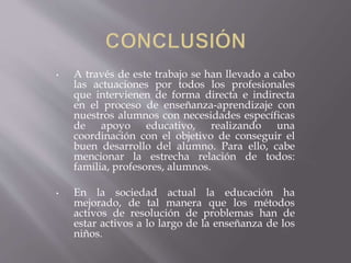 • A través de este trabajo se han llevado a cabo 
las actuaciones por todos los profesionales 
que intervienen de forma directa e indirecta 
en el proceso de enseñanza-aprendizaje con 
nuestros alumnos con necesidades específicas 
de apoyo educativo, realizando una 
coordinación con el objetivo de conseguir el 
buen desarrollo del alumno. Para ello, cabe 
mencionar la estrecha relación de todos: 
familia, profesores, alumnos. 
• En la sociedad actual la educación ha 
mejorado, de tal manera que los métodos 
activos de resolución de problemas han de 
estar activos a lo largo de la enseñanza de los 
niños. 
 