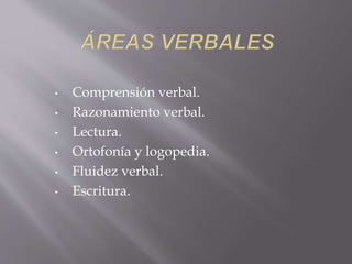 • Comprensión verbal.
• Razonamiento verbal.
• Lectura.
• Ortofonía y logopedia.
• Fluidez verbal.
• Escritura.
 