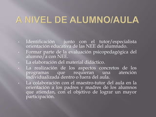 • Identificación junto con el tutor/especialista
orientación educativa de las NEE del alumnado.
• Formar parte de la evaluación psicopedagógica del
alumno/a con NEE.
• La elaboración del material didáctico.
• La realización de los aspectos concretos de los
programas que requieran una atención
individualizada dentro o fuera del aula.
• La colaboración con el maestro-tutor del aula en la
orientación a los padres y madres de los alumnos
que atiendan, con el objetivo de lograr un mayor
participación.
 