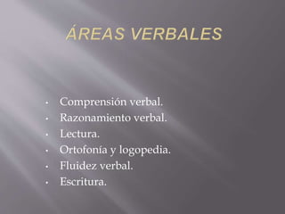• Comprensión verbal.
• Razonamiento verbal.
• Lectura.
• Ortofonía y logopedia.
• Fluidez verbal.
• Escritura.
 