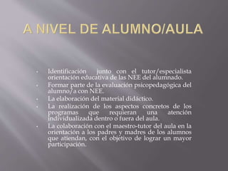 • Identificación junto con el tutor/especialista
orientación educativa de las NEE del alumnado.
• Formar parte de la evaluación psicopedagógica del
alumno/a con NEE.
• La elaboración del material didáctico.
• La realización de los aspectos concretos de los
programas que requieran una atención
individualizada dentro o fuera del aula.
• La colaboración con el maestro-tutor del aula en la
orientación a los padres y madres de los alumnos
que atiendan, con el objetivo de lograr un mayor
participación.
 