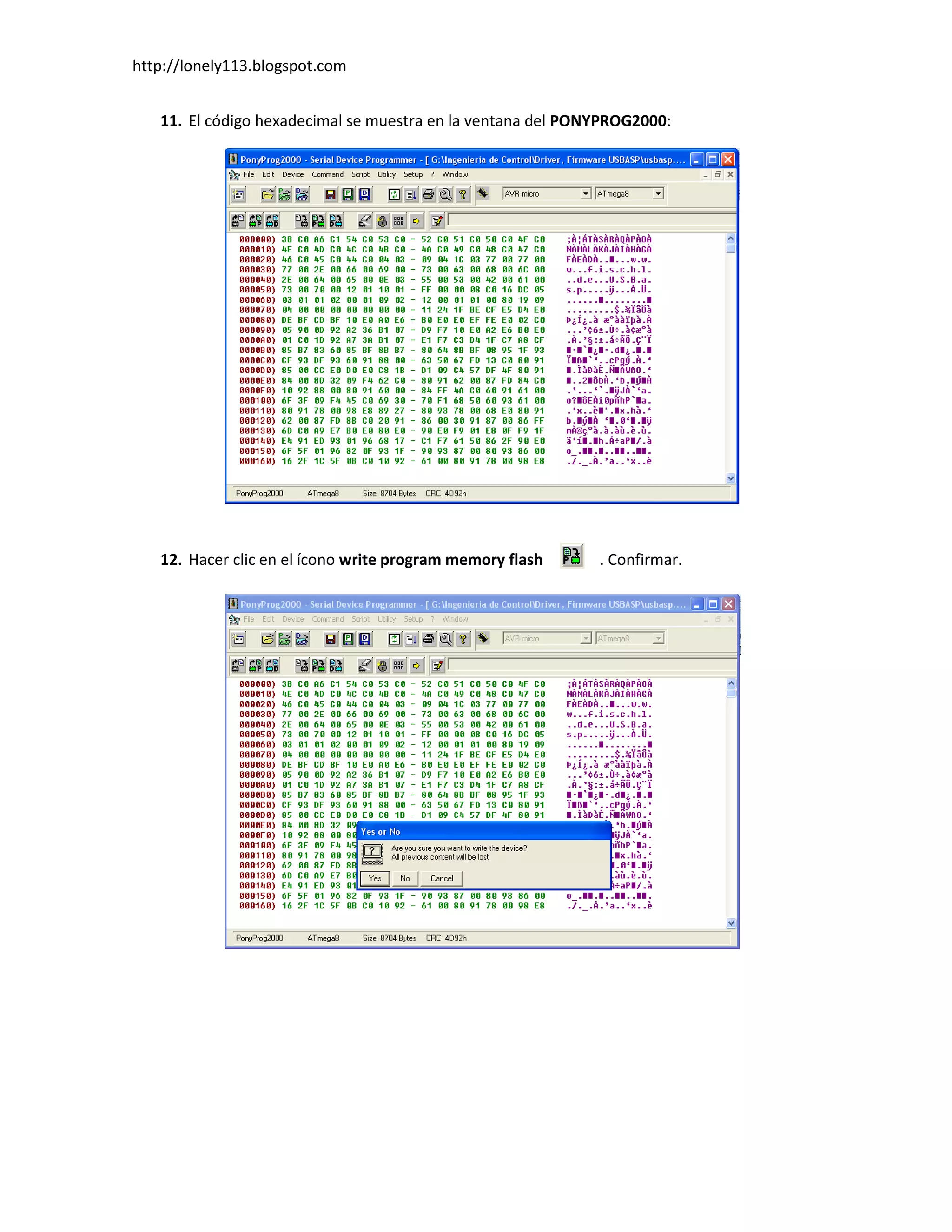 http://lonely113.blogspot.com


   11. El código hexadecimal se muestra en la ventana del PONYPROG2000:




   12. Hacer clic en el ícono write program memory flash     . Confirmar.
 