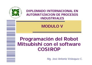 DIPLOMADO INTERNACIONAL EN
   AUTOMATIZACION DE PROCESOS
          INDUSTRIALES

          MODULO V


 Programación del Robot
Mitsubishi con el software
        COSIROP
             Mg. José Antonio Velásquez C.
 