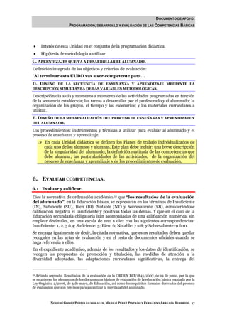 DOCUMENTO DE APOYO:
                       PROGRAMACIÓN, DESARROLLO Y EVALUACIÓN DE LAS COMPETENCIAS BÁSICAS




•    Interés de esta Unidad en el conjunto de la programación didáctica.
•    Hipótesis de metodología a utilizar.
C. APRENDIZAJES QUE VA A DESARROLLAR EL ALUMNADO.
Definición integrada de los objetivos y criterios de evaluación:
“Al terminar esta UUDD vas a ser competente para…
D. DISEÑO DE LA SECUENCIA DE ENSEÑANZA Y APRENDIZAJE MEDIANTE LA
DESCRIPCIÓN SIMULTÁNEA DE LAS VARIABLES METODOLÓGICAS.

Descripción día a día y momento a momento de las actividades programadas en función
de la secuencia establecida; las tareas a desarrollar por el profesorado y el alumnado; la
organización de los grupos, el tiempo y los escenarios; y los materiales curriculares a
utilizar.
E. DISEÑO DE LA METAEVALUACIÓN DEL PROCESO DE ENSEÑANZA Y APRENDIZAJE Y
DEL ALUMNADO.

Los procedimientos: instrumentos y técnicas a utilizar para evaluar al alumnado y el
proceso de enseñanza y aprendizaje.
       En cada Unidad didáctica se definen los Planes de trabajo individualizados de
       cada uno de los alumnos y alumnas. Este plan debe incluir: una breve descripción
       de la singularidad del alumnado; la definición matizada de las competencias que
       debe alcanzar; las particularidades de las actividades, de la organización del
       proceso de enseñanza y aprendizaje y de los procedimientos de evaluación.



6. EVALUAR COMPETENCIAS.
6.1 Evaluar y calificar.
Dice la normativa de ordenación académica 12 que “los resultados de la evaluación
del alumnado”, en la Educación básica, se expresarán en los términos de Insuficiente
(IN), Suficiente (SU), Bien (BI), Notable (NT) y Sobresaliente (SB), considerándose
calificación negativa el Insuficiente y positivas todas las demás. Y que en el caso de la
Educación secundaria obligatoria irán acompañadas de una calificación numérica, sin
emplear decimales, en una escala de uno a diez con las siguientes correspondencias:
Insuficiente: 1, 2, 3 ó 4; Suficiente: 5; Bien: 6; Notable: 7 u 8; y Sobresaliente: 9 ó 10.
Se encarga igualmente de decir, la citada normativa, que estos resultados deben quedar
recogidos en las actas de evaluación y en el resto de documentos oficiales cuando se
haga referencia a ellos.
En el expediente académico, además de los resultados y los datos de identificación, se
recogen las propuestas de promoción y titulación, las medidas de atención a la
diversidad adoptadas, las adaptaciones curriculares significativas, la entrega del


12 Artículo segundo. Resultados de la evaluación de la ORDEN ECI/1845/2007, de 19 de junio, por la que

se establecen los elementos de los documentos básicos de evaluación de la educación básica regulada por la
Ley Orgánica 2/2006, de 3 de mayo, de Educación, así como los requisitos formales derivados del proceso
de evaluación que son precisos para garantizar la movilidad del alumnado.



           NOHEMÍ GÓMEZ PIMPOLLO MORALES, MARILÓ PÉREZ PINTADO Y FERNANDO ARREAZA BEBERIDE. 47
 