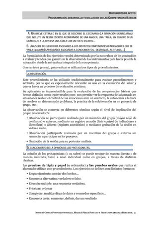 DOCUMENTO DE APOYO:
                    PROGRAMACIÓN, DESARROLLO Y EVALUACIÓN DE LAS COMPETENCIAS BÁSICAS




   A. UN BREVE ESTÍMULO EN EL QUE SE DESCRIBE EL ESCENARIO (LA SITUACIÓN SIGNIFICATIVA)
  QUE INCLUYE UN TEXTO ESCRITO ACOMPAÑADO DE UNA IMAGEN, UNA TABLA, UN CUADRO O UN
  GRÁFICO, O A LA INVERSA UNA TABLA CON UN TEXTO ESCRITO...

  B. UNA SERIE DE EJERCICIOS ASOCIADOS A LOS DISTINTOS COMPONENTES O INDICADORES QUE SE
  VAN A EVALUAR (CAPACIDADES ASOCIADAS A CONOCIMIENTOS, DESTREZAS, ACTITUDES…)

La formulación de los ejercicios vendrá determinada por la naturaleza de los contenidos
a evaluar y tendrá que garantizar la diversidad de los instrumentos para hacer posible la
valoración desde la naturaleza integrada de la competencia.
Con carácter general, para evaluar se utilizan tres tipos de procedimientos:

  LA OBSERVACIÓN.
Este procedimiento se ha utilizado tradicionalmente para evaluar procedimientos y
actitudes por lo que es especialmente relevante su uso en la evaluación del saber y
querer hacer en procesos de evaluación continua.
Su aplicación es imprescindible para la evaluación de las competencias básicas que
hemos definido como transversales pues nos permite ver la respuesta del alumnado en
situaciones reales: el control de las emociones ante un conflicto, la autonomía a la hora
de resolver un determinado problema, la practica de la colaboración en un proyecto de
grupo, etc.
La observación se concreta en diferentes técnicas según el nivel de implicación del
propio observador/a:
    Observación no participante realizada por un miembro del grupo (mayor nivel de
    confianza) o externo, mediante un registro cerrado (lista control de indicadores a
    identificar) o abierto (registro anecdótico) o mediante grabación de la sesión en
    video o audio.
    Observación participante realizada por un miembro del grupo o externo sin
    renunciar a participar en los procesos.
    Grabación de la sesión para su posterior análisis.

  EL CONOCIMIENTO DE LA OPINIÓN DE LOS PROTAGONISTAS.
La opinión de los protagonistas (o su saber) se puede recoger de manera directa o de
manera indirecta, tanto a nivel individual como en grupos, a través de distintas
técnicas.
Las pruebas de lápiz y papel (u ordenador) y las pruebas orales que realiza el
alumnado utilizan este procedimiento. Los ejercicios se definen con distintos formatos:
    Emparejamiento: asociar dos hechos...
    Respuesta alternativa: verdadero o falso.
    Elección múltiple: una respuesta verdadera.
    Priorizar: ordenar
    Completar: medida eficaz de datos y recuerdos específicos...
    Respuesta corta: enumerar, definir, dar un resultado



          NOHEMÍ GÓMEZ PIMPOLLO MORALES, MARILÓ PÉREZ PINTADO Y FERNANDO ARREAZA BEBERIDE. 54
 