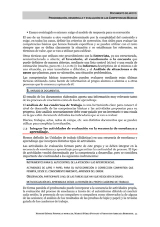 DOCUMENTO DE APOYO:
                    PROGRAMACIÓN, DESARROLLO Y EVALUACIÓN DE LAS COMPETENCIAS BÁSICAS




    Ensayo restringido o extenso: exige el modelo de respuesta para su corrección
El uso de un formato u otro vendrá determinado por la complejidad del contenido y
exige, en todos los casos, definir los criterios de corrección. Son útiles para evaluar las
competencias básicas que hemos llamado específicas y se pueden utilizar con el resto
siempre que se defina claramente la situación y se establezcan los referentes, en
términos de valor, que se van a utilizar para calificar.
Otras técnicas que utilizan este procedimiento son la Entrevista, ya sea estructurada,
semiestructurada o abierta; el Inventario, el cuestionario o la encuesta que
puede definirse de manera abiertas, mediante una lista control (si/no) o una escala de
estimación (mucho, poco etc.; ó 1,2 etc.)); los Informes descriptivos de sí mismos o de
una situación, ya sean inmediatos o diferidos; y el Análisis de situaciones o de
casos que plantean, para su valoración, una situación problemática.
Las competencias básicas transversales pueden evaluarse mediante estas últimas
técnicas utilizando como fuente de información al propio alumno o alumna o a otras
personas que lo conocen y opinan de él.

   EL ANÁLISIS DE DOCUMENTOS.
El estudio de los documentos elaborados aporta una información muy relevante tanto
de los procesos de enseñanza como de los de aprendizaje.
El análisis de los cuadernos de trabajo es una herramienta clave para conocer el
nivel de desarrollo de las competencias básicas y las actividades propuestas para su
progreso. Este análisis necesariamente debe estar guiado por un inventario o una escala
en la que estén claramente definidos los indicadores que se van a evaluar.
Diarios, trabajos, actas, notas de campo, etc. son distintos documentos que se pueden
utilizar para completar la evaluación.
7.2 Integrar las actividades de evaluación en la secuencia de enseñanza y
    aprendizaje.
Hemos definido las Unidades de trabajo (didácticas) en una secuencia de enseñanza y
aprendizaje que incorpora distintos tipos de actividades.
Las actividades de evaluación forman parte de este grupo y se deben integrar en la
secuencia de enseñanza y aprendizaje para garantizar la continuidad de proceso. El tipo
de actividades vendrá determinado por la competencia a desarrollar, pero se considera
importante dar continuidad a los siguientes instrumentos:

   INSTRUMENTOS PARA EL AUTOCONTROL DE LA ATENCIÓN Y LAS INTERFERENCIAS.
   ACTIVIDADES DE LÁPIZ Y PAPEL PARA SU AUTOCORRECIÓN O CORRECCIÓN COMPARTIDA QUE
   PERMITA, DESDE EL CONOCIMIENTO INMEDIATO, APRENDER DEL ERROR.

   OBSERVACIÓN, PARTICIPANTE O NO, DE LAS TAREAS QUE HAY QUE RESOLVER EN GRUPO.
   METAEVALUACIÓN DEL APRENDIZAJE DESDE LA REVISIÓN DEL PROPIO CUADERNO DE TRABAJO.

De forma paralela el profesorado puede incorporar a la secuencia de actividades propia,
la evaluación del proceso de enseñanza a través de: el autoinforme diferido al concluir
cada sesión; la presencia de un compañero o compañera como observador/a de alguna
de las sesiones; el análisis de los resultados de las pruebas de lápiz y papel; y la revisión
guiada de los cuadernos de trabajo.



          NOHEMÍ GÓMEZ PIMPOLLO MORALES, MARILÓ PÉREZ PINTADO Y FERNANDO ARREAZA BEBERIDE. 55
 