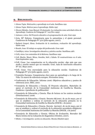 DOCUMENTO DE APOYO:
                  PROGRAMACIÓN, DESARROLLO Y EVALUACIÓN DE LAS COMPETENCIAS BÁSICAS




9. BIBLIOGRAFÍA

 Alonso Tapia. Motivación y aprendizaje en el aula. Santillana 1991
 Alonso Tapia. Motivar para el aprendizaje. Edebe 1997
 Álvarez Méndez, Juan Manuel. El alumnado. La evaluación como actividad crítica de
 Aprendizaje. Cuaderno de Pedagogía N º 219 (Nov.1993)
 Antunez y otros. Del Proyecto educativo a la programación de aula. Graó.1992
 Avia, Mª Dolores. Competencia para la autoestima y el ajuste personal.
 Cuadernos de Pedagogía Nº 370 (julio-agosto, 2007).
 Barberá Gregori, Elena. Evaluación de la enseñanza, evaluación del aprendizaje.
 Edebe 1999
 Bonals, Joan. El trabajo en equipo del profesorado. Grao 1996
 Castillejo y otros. Investigación educativa y práctica escolar. Santillana.1987.
 Coll y otros. Los contenidos de la Reforma. Santillana 1992
 Coll, Martín, Mauri, Miras, Onrubia, Solé y Zabala. El constructivismo en el aula.
 Graó.Septiembre 1993.
 Coll, Cesar. Las competencias en la educación escolar: algo más que una
 moda y mucho menos que un remedio. Graó. Aula de innovación educativa
 Nº 161. Mayo 2007.
 Coll, Cesar. Una encrucijada para la educación escolar. Cuadernos de
 Pedagogía Nº 370 (julio-agosto, 2007).
 Comisión Europea. Competencias clave para un aprendizaje a lo largo de la
 Vida. Un marco de referencia europeo. Noviembre 2004.
 Conferencia de Educación. Informe 2006. Objetivos educativos y puntos de
 referencia 2010. MEC, 2007.
 Consejería de Educación y Ciencia. El Proyecto educativo. Materiales de
 apoyo al currículo de la Comunidad Autónoma de Castilla-La Mancha.
 Cuaderno 1 (pendiente de publicación)
 Consejería de Educación y Ciencia. Plan de lectura en los centros escolares
 (Orientaciones). 2006.
 Consejería de Educación y Ciencia. Decreto 68/2007, de 29 de mayo, por el
 que se establece y ordena el currículo de la educación primaria en la
 Comunidad Autónoma de Castilla-La Mancha (DOCM, 1 de junio)
 Consejería de Educación y Ciencia. Decreto 69/2007, de 29 de mayo, por el
 que se establece y ordena el currículo de la educación secundaria obligatoria
 en la Comunidad Autónoma de Castilla-La Mancha (DOCM, 1 de junio)
 Consejería de Educación y Ciencia. Oficina de Evaluación. Borrador del
 Marco teórico de la evaluación de diagnóstico (Octubre, 2007).
 Elliott, J. Investigación–acción en educación. Morata (Madrid 1990)



        NOHEMÍ GÓMEZ PIMPOLLO MORALES, MARILÓ PÉREZ PINTADO Y FERNANDO ARREAZA BEBERIDE. 58
 