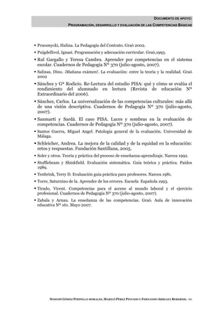 DOCUMENTO DE APOYO:
                PROGRAMACIÓN, DESARROLLO Y EVALUACIÓN DE LAS COMPETENCIAS BÁSICAS




Przesmycki, Halina. La Pedagogía del Contrato. Graó 2002.
Puigdellivol, Ignasi. Programación y adecuación curricular. Graó,1993.
Rul Gargallo y Teresa Cambra. Aprender por competencias en el sistema
escolar. Cuadernos de Pedagogía Nº 370 (julio-agosto, 2007).
Salinas, Dino. ¡Mañana exámen!. La evaluación: entre la teoría y la realidad. Graó
2002
Sánchez y Gª Rodicio. Re-Lectura del estudio PISA: qué y cómo se evalúa el
rendimiento del alumnado en lectura (Revista de educación Nº
Extraordinario del 2006).
Sánchez, Carlos. La universalización de las competencias culturales: más allá
de una visión descriptiva. Cuadernos de Pedagogía Nº 370 (julio-agosto,
2007).
Sanmartí y Sardá. El caso PISA. Luces y sombras en la evaluación de
competencias. Cuadernos de Pedagogía Nº 370 (julio-agosto, 2007).
Santos Guerra, Miguel Angel. Patología general de la evaluación. Universidad de
Málaga.
Schleicher, Andrea. La mejora de la calidad y de la equidad en la educación:
retos y respuestas. Fundación Santillana, 2005.
Soler y otros. Teoría y práctica del proceso de enseñanza-aprendizaje. Narcea 1992.
Stufflebeam y Shinkfield. Evaluación sistemática. Guía teórica y práctica. Paidos
1989.
Tenbrink, Terry D. Evaluación guía práctica para profesores. Narcea 1981.
Torre, Saturnino de la. Aprender de los errores. Escuela Española 1993.
Tirado, Vicent. Competencias para el acceso al mundo laboral y el ejercicio
profesional. Cuadernos de Pedagogía Nº 370 (julio-agosto, 2007).
Zabala y Arnau. La enseñanza de las competencias. Graó. Aula de innovación
educativa Nº 161. Mayo 2007.




      NOHEMÍ GÓMEZ PIMPOLLO MORALES, MARILÓ PÉREZ PINTADO Y FERNANDO ARREAZA BEBERIDE. 60
 