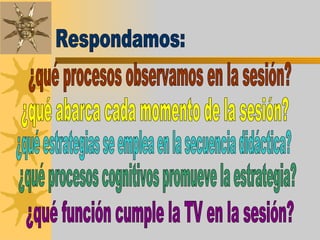 Respondamos: ¿qué procesos observamos en la sesión? ¿qué estrategias se emplea en la secuencia didáctica? ¿qué abarca cada momento de la sesión? ¿qué procesos cognitivos promueve la estrategia? ¿qué función cumple la TV en la sesión? 