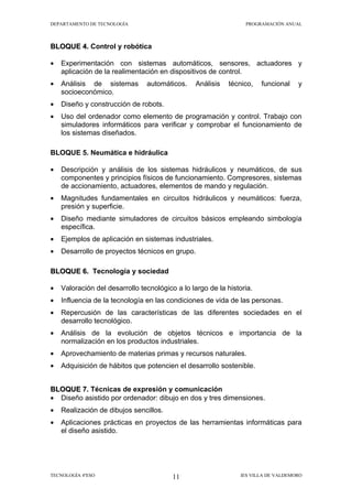 DEPARTAMENTO DE TECNOLOGÍA                                       PROGRAMACIÓN ANUAL



BLOQUE 4. Control y robótica

•   Experimentación con sistemas automáticos, sensores, actuadores y
    aplicación de la realimentación en dispositivos de control.
•   Análisis de sistemas        automáticos.    Análisis    técnico,   funcional    y
    socioeconómico.
•   Diseño y construcción de robots.
•   Uso del ordenador como elemento de programación y control. Trabajo con
    simuladores informáticos para verificar y comprobar el funcionamiento de
    los sistemas diseñados.

BLOQUE 5. Neumática e hidráulica

•   Descripción y análisis de los sistemas hidráulicos y neumáticos, de sus
    componentes y principios físicos de funcionamiento. Compresores, sistemas
    de accionamiento, actuadores, elementos de mando y regulación.
•   Magnitudes fundamentales en circuitos hidráulicos y neumáticos: fuerza,
    presión y superficie.
•   Diseño mediante simuladores de circuitos básicos empleando simbología
    específica.
•   Ejemplos de aplicación en sistemas industriales.
•   Desarrollo de proyectos técnicos en grupo.

BLOQUE 6. Tecnología y sociedad

•   Valoración del desarrollo tecnológico a lo largo de la historia.
•   Influencia de la tecnología en las condiciones de vida de las personas.
•   Repercusión de las características de las diferentes sociedades en el
    desarrollo tecnológico.
•   Análisis de la evolución de objetos técnicos e importancia de la
    normalización en los productos industriales.
•   Aprovechamiento de materias primas y recursos naturales.
•   Adquisición de hábitos que potencien el desarrollo sostenible.


BLOQUE 7. Técnicas de expresión y comunicación
• Diseño asistido por ordenador: dibujo en dos y tres dimensiones.
•   Realización de dibujos sencillos.
•   Aplicaciones prácticas en proyectos de las herramientas informáticas para
    el diseño asistido.




TECNOLOGÍA 4ºESO                         11                     IES VILLA DE VALDEMORO
 