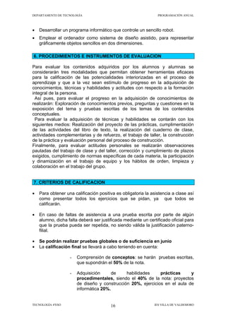 DEPARTAMENTO DE TECNOLOGÍA                                      PROGRAMACIÓN ANUAL




•   Desarrollar un programa informático que controle un sencillo robot.
•   Emplear el ordenador como sistema de diseño asistido, para representar
    gráficamente objetos sencillos en dos dimensiones.

6. PROCEDIMIENTOS E INSTRUMENTOS DE EVALUACION

Para evaluar los contenidos adquiridos por los alumnos y alumnas se
considerarán tres modalidades que permitan obtener herramientas eficaces
para la calificación de las potencialidades interiorizadas en el proceso de
aprendizaje y que a la vez sean estímulo de progreso en la adquisición de
conocimientos, técnicas y habilidades y actitudes con respecto a la formación
integral de la persona.
  Así pues, para evaluar el progreso en la adquisición de conocimientos de
realizarán: Exploración de conocimientos previos, preguntas y cuestiones en la
exposición del tema y pruebas escritas de los temas de los contenidos
conceptuales.
  Para evaluar la adquisición de técnicas y habilidades se contarán con los
siguientes medios: Realización del proyecto de las prácticas, cumplimentación
de las actividades del libro de texto, la realización del cuaderno de clase,
actividades complementarias y de refuerzo, el trabajo de taller, la construcción
de la práctica y evaluación personal del proceso de construcción.
Finalmente, para evaluar actitudes personales se realizarán observaciones
pautadas del trabajo de clase y del taller, corrección y cumplimiento de plazos
exigidos, cumplimiento de normas específicas de cada materia, la participación
y dinamización en el trabajo de equipo y los hábitos de orden, limpieza y
colaboración en el trabajo del grupo.


7. CRITERIOS DE CALIFICACION

•   Para obtener una calificación positiva es obligatoria la asistencia a clase así
    como presentar todos los ejercicios que se pidan, ya que todos se
    calificarán.

•   En caso de faltas de asistencia a una prueba escrita por parte de algún
    alumno, dicha falta deberá ser justificada mediante un certificado oficial para
    que la prueba pueda ser repetida, no siendo válida la justificación paterno-
    filial.

•   Se podrán realizar pruebas globales o de suficiencia en junio
•   La calificación final se llevará a cabo teniendo en cuenta:

                   -   Comprensión de conceptos: se harán pruebas escritas,
                       que supondrán el 50% de la nota.

                   -   Adquisición      de    habilidades     prácticas     y
                       procedimentales, siendo el 40% de la nota: proyectos
                       de diseño y construcción 20%, ejercicios en el aula de
                       informática 20%.


TECNOLOGÍA 4ºESO                        16                    IES VILLA DE VALDEMORO
 