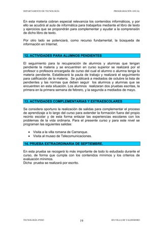 DEPARTAMENTO DE TECNOLOGÍA                                     PROGRAMACIÓN ANUAL



En esta materia cobran especial relevancia los contenidos informáticos, y por
ello se acudirá al aula de informática para trabajarlos mediante el libro de texto
y ejercicios que se propondrán para complementar y ayudar a la comprensión
de dicho libro de texto.

Por otro lado se potenciará, como recurso fundamental, la búsqueda de
información en Internet.


12. ACTIVIDADES PARA ALUMNOS PENDIENTES

El seguimiento para la recuperación de alumnos y alumnas que tengan
pendiente la materia y se encuentren en curso superior se realizará por el
profesor o profesora encargada de curso del cual el alumno o alumna tenga la
materia pendiente. Establecerá la pauta de trabajo y realizará el seguimiento
para calificación de la materia. Se publicará a mediados de octubre la lista de
pendientes y las normas que deben seguir los alumnos y alumnas que se
encuentren en esta situación. Los alumnos realizaran dos pruebas escritas, la
primera en la primera semana de febrero, y la segunda a mediados de mayo.


13. ACTIVIDADES COMPLEMENTARIAS Y EXTRAESCOLARES

Se considera oportuno la realización de salidas para complementar el proceso
de aprendizaje a lo largo del curso para extender la formación fuera del propio
recinto escolar y de esta forma enlazar las experiencias escolares con los
problemas de la vida ordinaria. Para el presente curso y para este nivel se
programan las siguientes salidas:

   •   Visita a la villa romana de Carranque.
   •   Visita al museo de Telecomunicaciones.

14. PRUEBA EXTRAORDINARIA DE SEPTIEMBRE.

En esta prueba se recogerá lo más importante de todo lo estudiado durante el
curso, de forma que cumpla con los contenidos mínimos y los criterios de
evaluación mínimos.
Dicha prueba se realizará por escrito.




TECNOLOGÍA 4ºESO                       19                     IES VILLA DE VALDEMORO
 