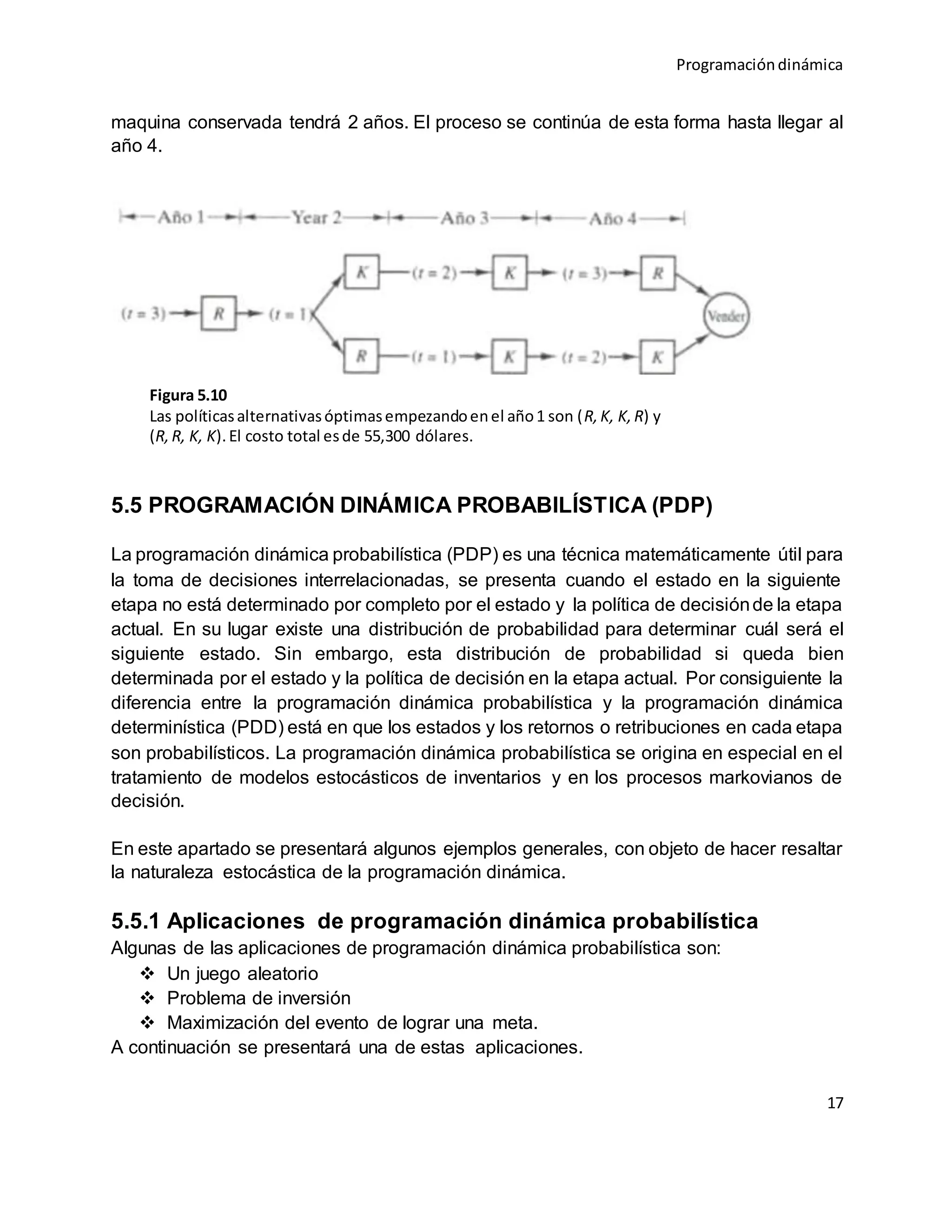 Programacióndinámica
17
maquina conservada tendrá 2 años. El proceso se continúa de esta forma hasta llegar al
año 4.
5.5 PROGRAMACIÓN DINÁMICA PROBABILÍSTICA (PDP)
La programación dinámica probabilística (PDP) es una técnica matemáticamente útil para
la toma de decisiones interrelacionadas, se presenta cuando el estado en la siguiente
etapa no está determinado por completo por el estado y la política de decisiónde la etapa
actual. En su lugar existe una distribución de probabilidad para determinar cuál será el
siguiente estado. Sin embargo, esta distribución de probabilidad si queda bien
determinada por el estado y la política de decisión en la etapa actual. Por consiguiente la
diferencia entre la programación dinámica probabilística y la programación dinámica
determinística (PDD) está en que los estados y los retornos o retribuciones en cada etapa
son probabilísticos. La programación dinámica probabilística se origina en especial en el
tratamiento de modelos estocásticos de inventarios y en los procesos markovianos de
decisión.
En este apartado se presentará algunos ejemplos generales, con objeto de hacer resaltar
la naturaleza estocástica de la programación dinámica.
5.5.1 Aplicaciones de programación dinámica probabilística
Algunas de las aplicaciones de programación dinámica probabilística son:
 Un juego aleatorio
 Problema de inversión
 Maximización del evento de lograr una meta.
A continuación se presentará una de estas aplicaciones.
Figura 5.10
Las políticasalternativasóptimasempezandoenel año1 son (R,K, K,R) y
(R,R, K, K).El costo total esde 55,300 dólares.
 