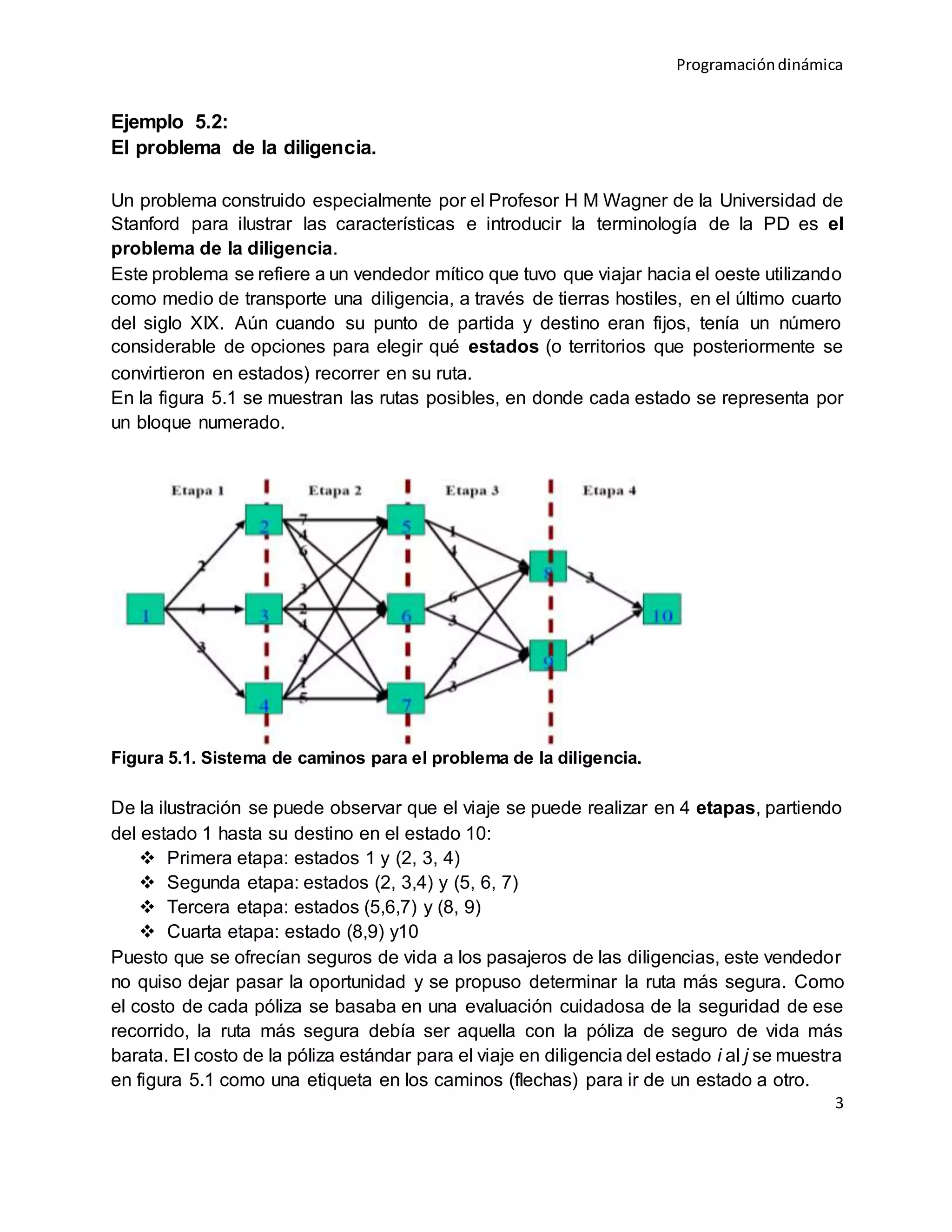 Programacióndinámica
3
Ejemplo 5.2:
El problema de la diligencia.
Un problema construido especialmente por el Profesor H M Wagner de la Universidad de
Stanford para ilustrar las características e introducir la terminología de la PD es el
problema de la diligencia.
Este problema se refiere a un vendedor mítico que tuvo que viajar hacia el oeste utilizando
como medio de transporte una diligencia, a través de tierras hostiles, en el último cuarto
del siglo XIX. Aún cuando su punto de partida y destino eran fijos, tenía un número
considerable de opciones para elegir qué estados (o territorios que posteriormente se
convirtieron en estados) recorrer en su ruta.
En la figura 5.1 se muestran las rutas posibles, en donde cada estado se representa por
un bloque numerado.
Figura 5.1. Sistema de caminos para el problema de la diligencia.
De la ilustración se puede observar que el viaje se puede realizar en 4 etapas, partiendo
del estado 1 hasta su destino en el estado 10:
 Primera etapa: estados 1 y (2, 3, 4)
 Segunda etapa: estados (2, 3,4) y (5, 6, 7)
 Tercera etapa: estados (5,6,7) y (8, 9)
 Cuarta etapa: estado (8,9) y10
Puesto que se ofrecían seguros de vida a los pasajeros de las diligencias, este vendedor
no quiso dejar pasar la oportunidad y se propuso determinar la ruta más segura. Como
el costo de cada póliza se basaba en una evaluación cuidadosa de la seguridad de ese
recorrido, la ruta más segura debía ser aquella con la póliza de seguro de vida más
barata. El costo de la póliza estándar para el viaje en diligencia del estado i al j se muestra
en figura 5.1 como una etiqueta en los caminos (flechas) para ir de un estado a otro.
 